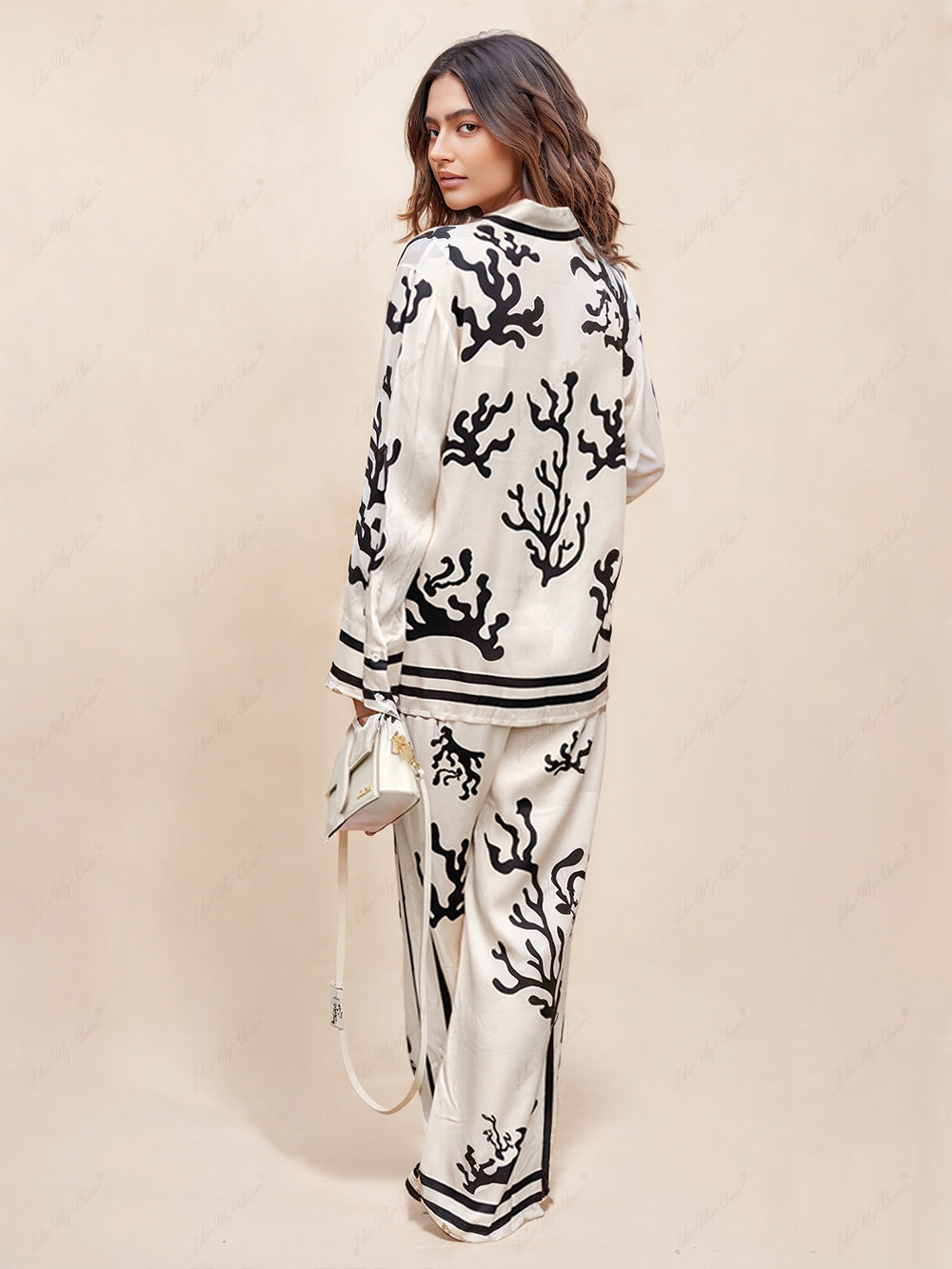 Wide leg trouser set with silhouette print