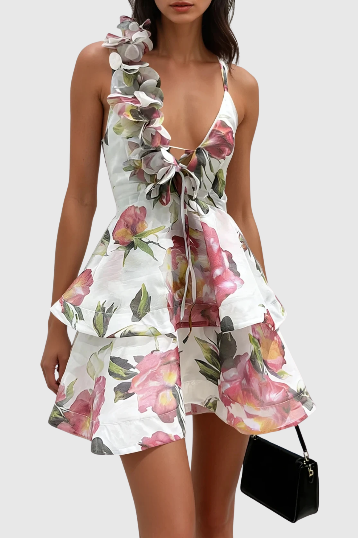 Pera Floral Appliqu¨¦ Ruffle Mini Dress - White
