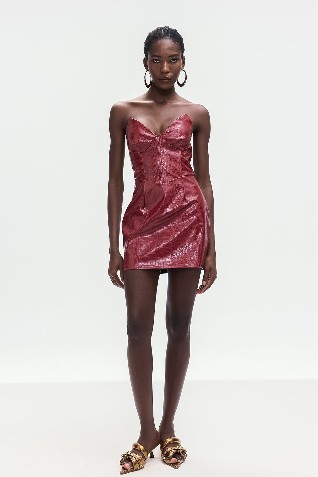 Ardin Crocodile Pattern Strapless Leather Mini Dress