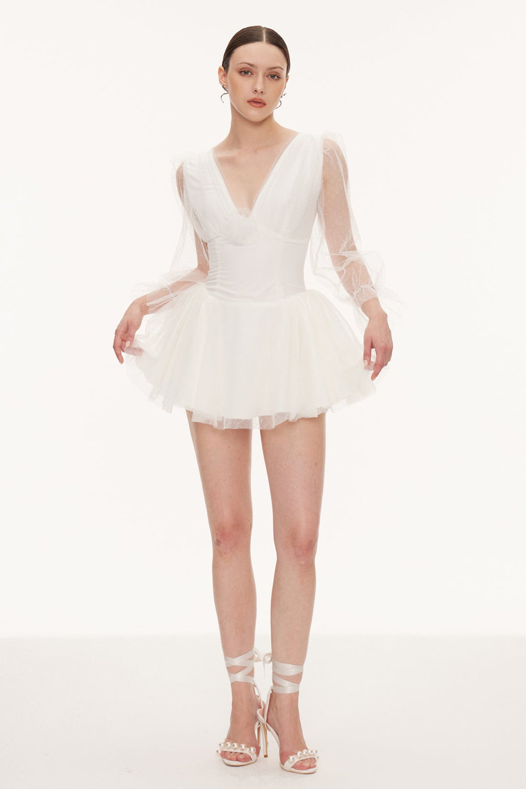 Danyal Flower Balloon Sleeve Mesh Mini Dress In White