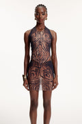 Elo Asymmetric Stripe Mesh Mini Dress